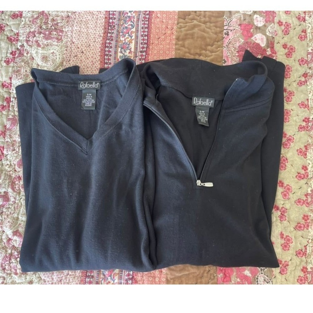 Rafaella Womens Black Cotton Blend V-Neck & Quarter Zip Long Sleeve Tops Set S/M